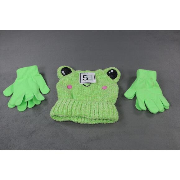 5G Style Frog Hat Cap Green Knit Beanie Gloves Set Youth Girls Boys Winter Cute - Picture 1 of 4